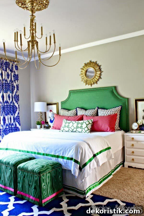 Upholstered headboard providing a focal point in a small bedroom.