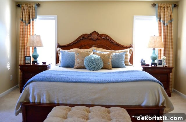 Master bedroom bed and drapery panels
