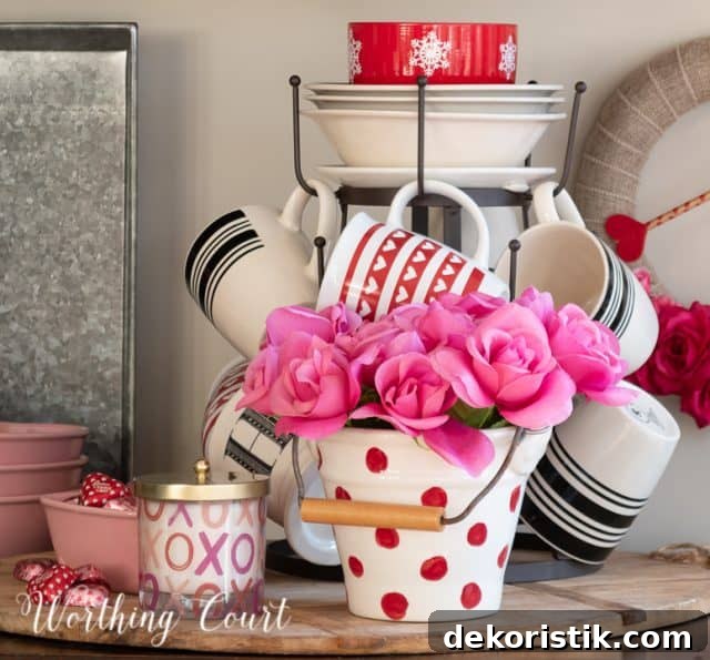 Valentine's day vignette with tiered mug tree and assorted red, white and pink accessories on a round bread board