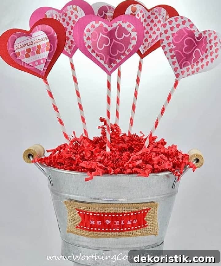 3D paper heart flowers in a metal bucket