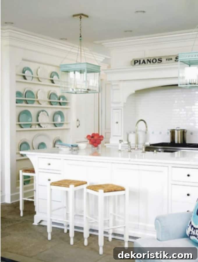 A rack that takes up the whole wall with blue and white plates on it in the kitchen.