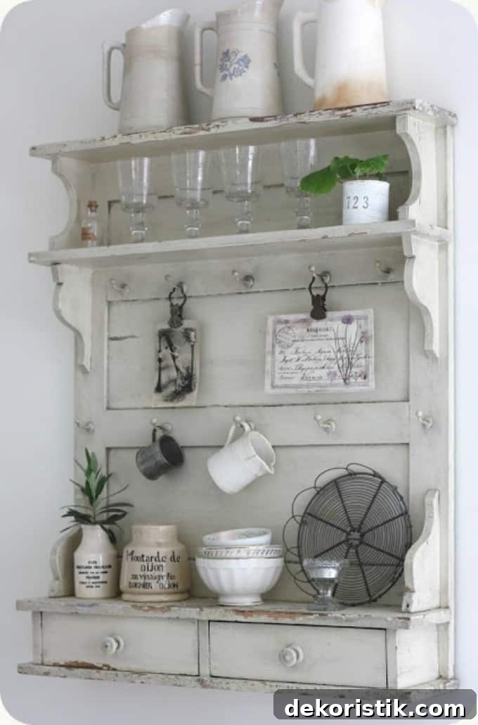 A wooden hutch with pitchers and bowls, glasses on it.