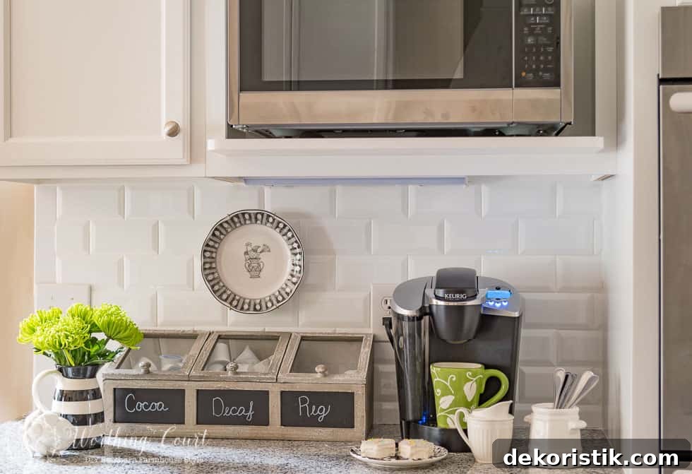 Farmhouse style kitchen coffee station with spring touches.
