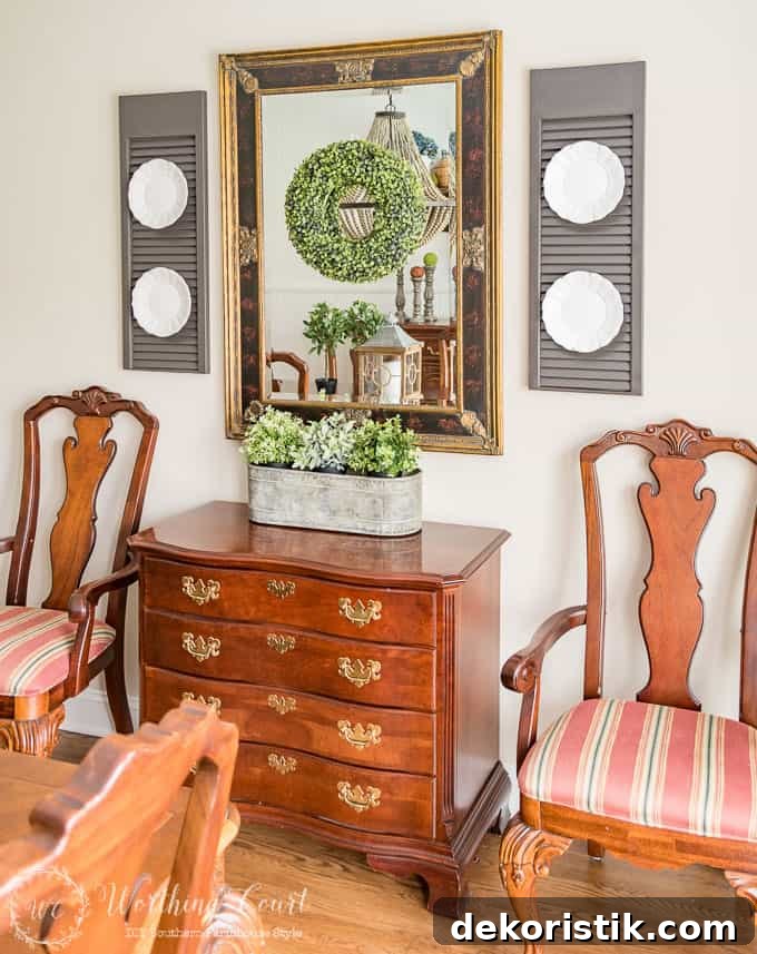 Combining farmhouse touches with traditional dining room furniture.