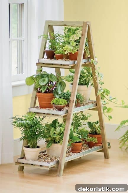 Use a stepladder as a stand for indoor herbs and plants