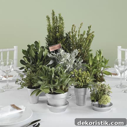 Kill two birds with one stone by grouping pots of herbs together to create a pretty table centerpiece.