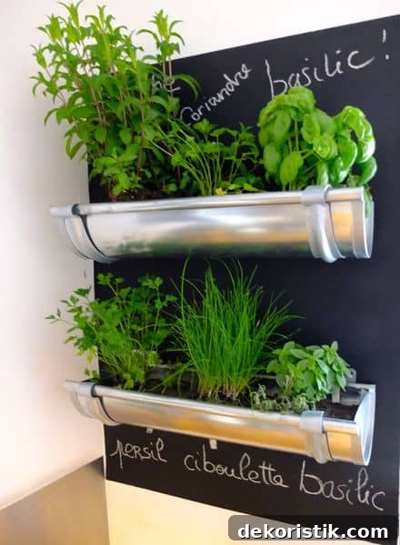 Silver troughs on a wall growing herbs.