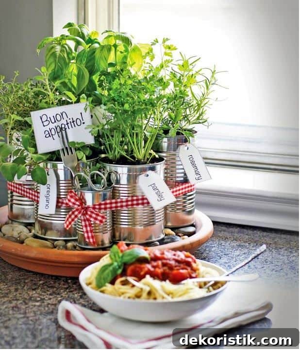 Tin cans with herbs growing in the center of the table.