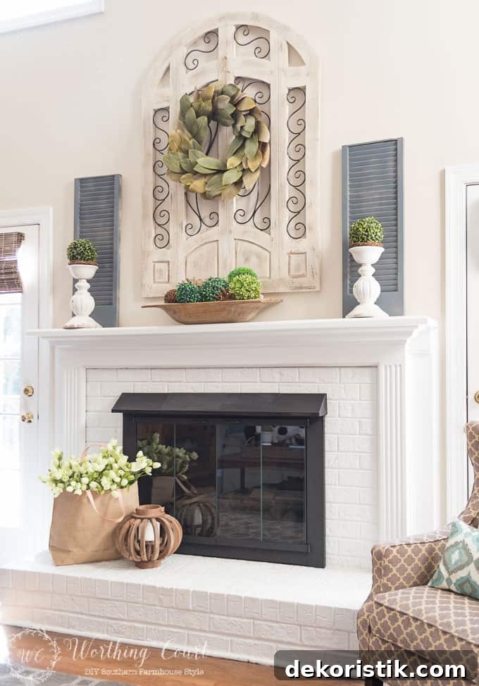 The before and after of this family room is amazing. It was taken from dark and dated to light and bright filled with rustic farmhouse touches. The fireplace makeover is amazing.
