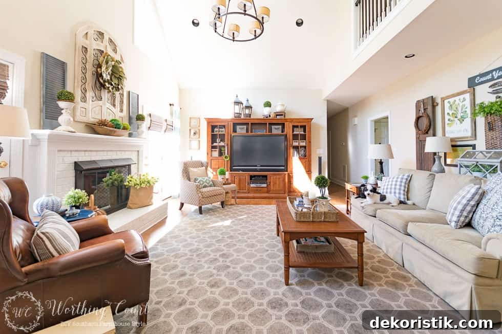 I love seeing the before and after transformation of any room. This family room was taken from a dated room fill with dark, heavy traditional furniture and turned into a bright room filled with farmhouse touches.