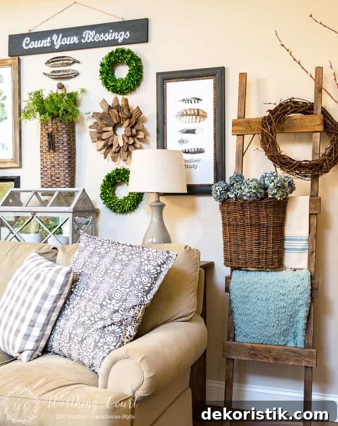 I love seeing the before and after transformation of any room. A DIY rustic ladder is one of the many touches added to this family room makeover that is filled with farmhouse touches. 