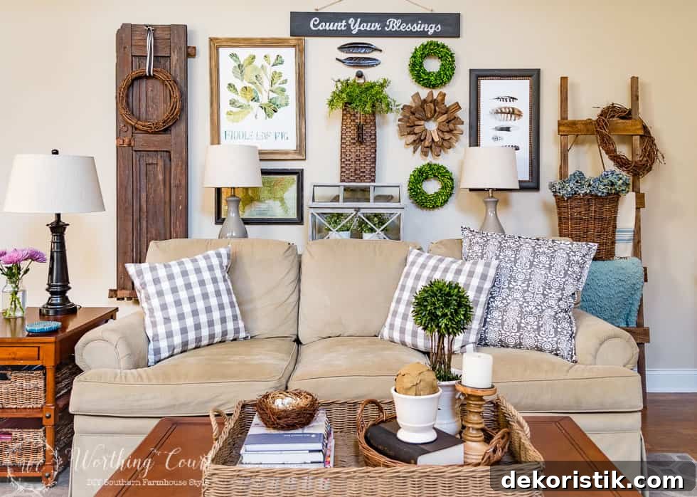 I love seeing the before and after transformation of any room. A new gallery wall above the sofa is filled with rustic farmhouse touches.