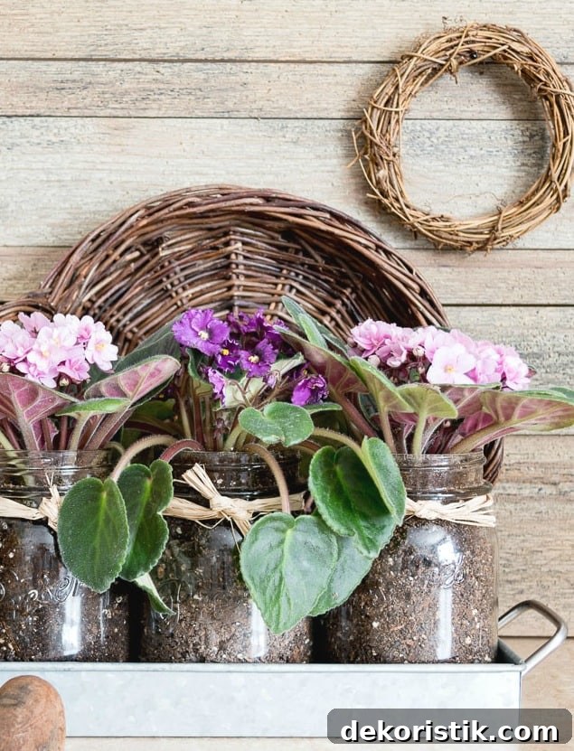Mason jars planted with lavender viotets.
