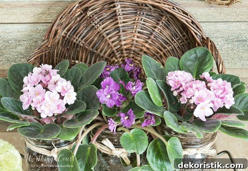 Three mason jars plants with purple and pink violets.
