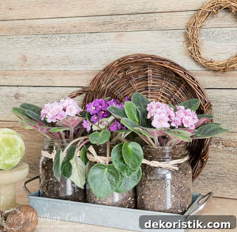 A pretty vignette of mason jars filled with purple and pink violets.