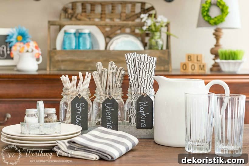 There are plates cups and mason jars filled with utensils.