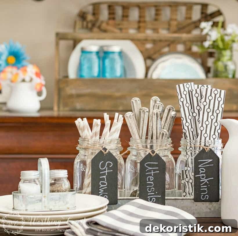 Up close picture of the mason jars holding utensils, napkins and straws.