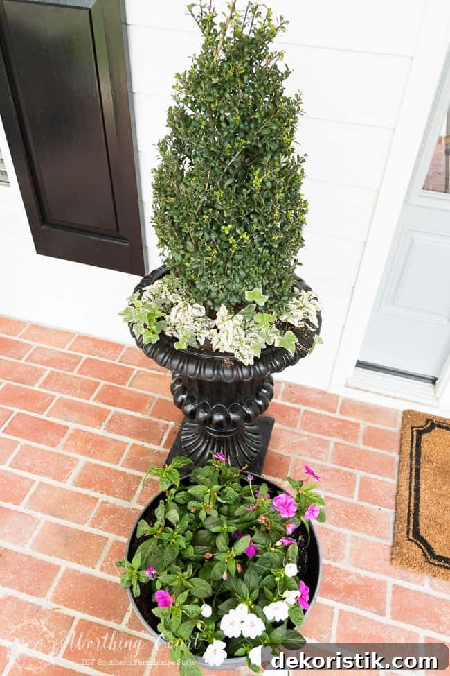 Simple container plantings for a spring farmhouse style front entry