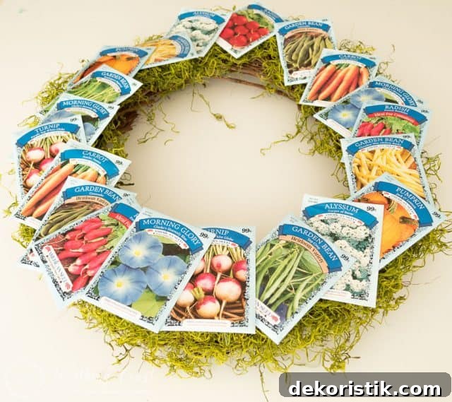 wreath with seed packets attached