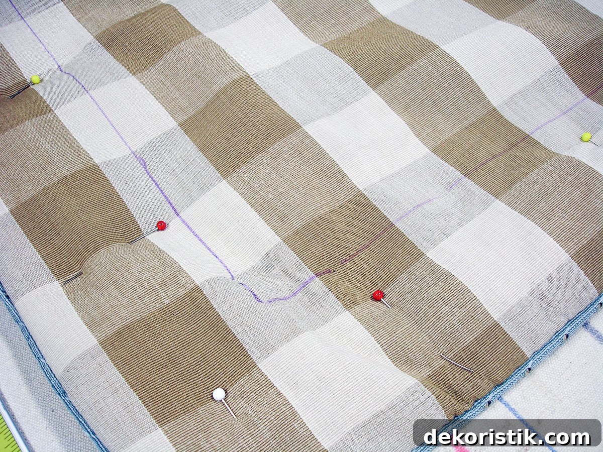 sewing line drawn with disappearing ink on brown and tan check fabric