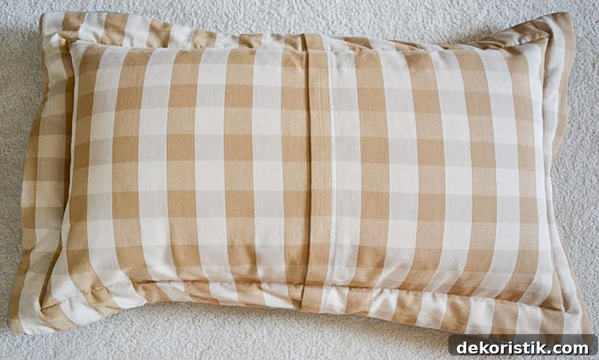 back side of a brown and tan checked pillow sham
