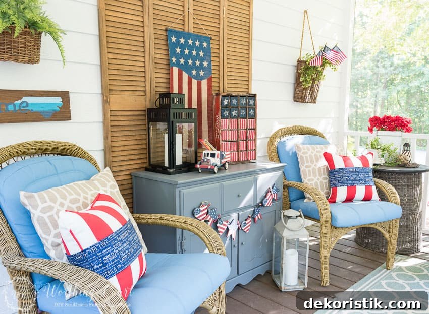 A farmhouse porch filled with loads of red, white and blue vintage Americana patriotic decorating ideas for Memorial Day, Flag Day and July 4th. 
