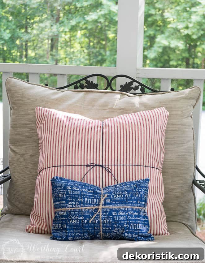 Don't buy holiday or season specific pillows. Simply wrap existing pillows with a piece of fabric and wrap twine around it to hold the fabric in place.