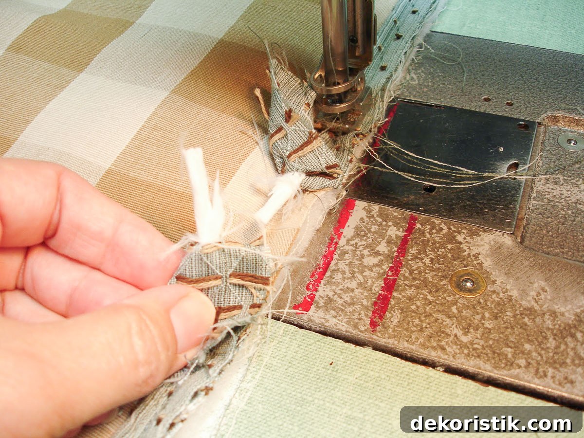blue covered cording being applied to the right side of the fabric for a pillow sham