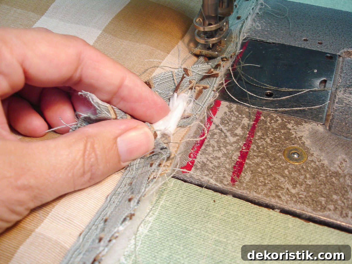 blue covered cording being applied to the right side of the fabric for a pillow sham