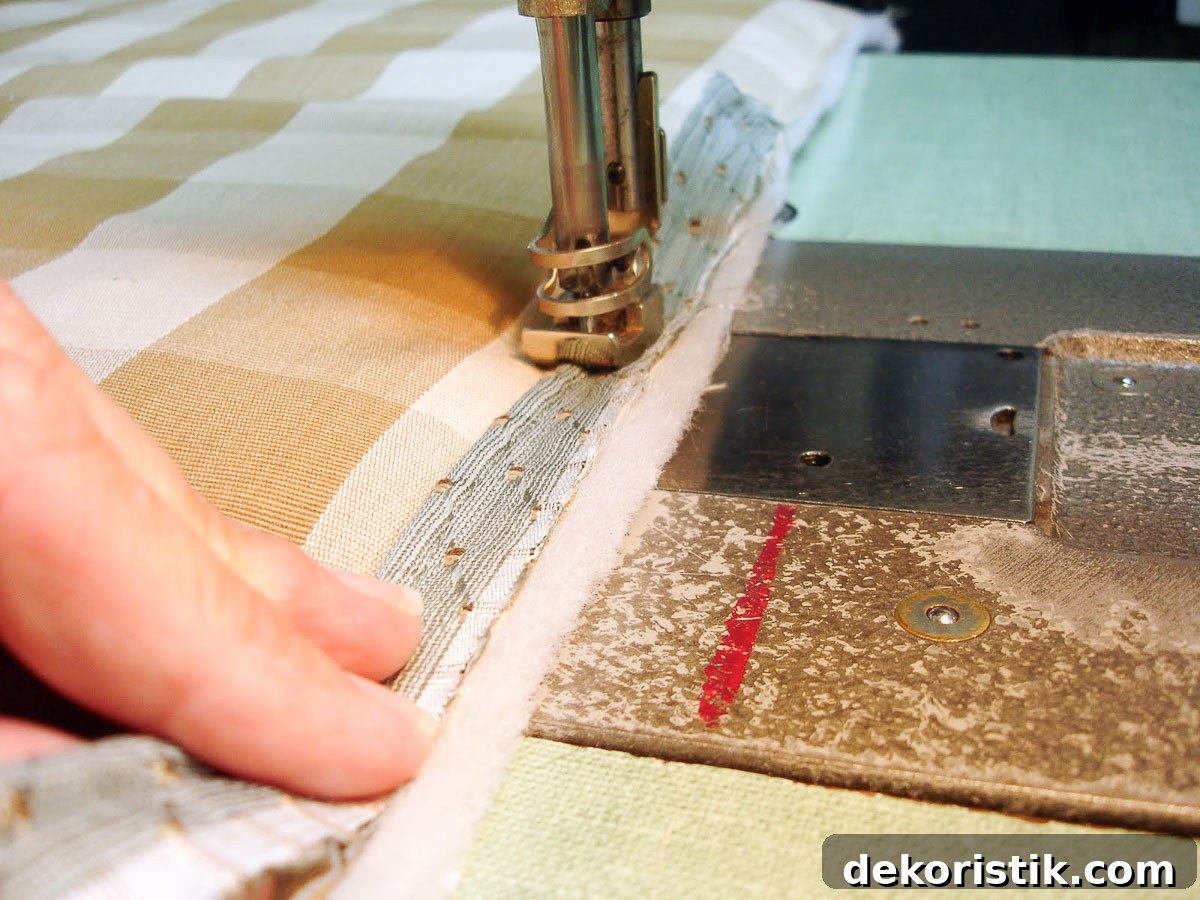 blue covered cording being applied to the right side of the fabric for a pillow sham