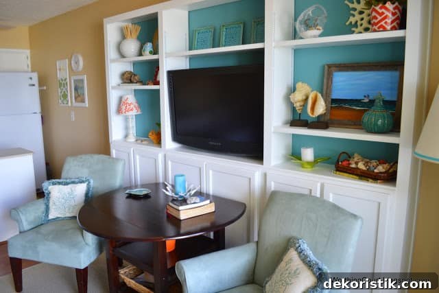Tiny Beach Condo Remodel: Coastal Makeover Part 1 4 Kitchen bulletin board and bookcases