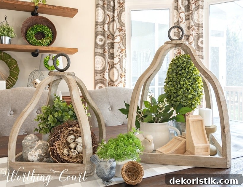 Wood lanterns with greenery inside on the dining room table.