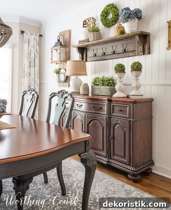Farmhouse Dining Room Makeover - a vintage looking rug defines the space