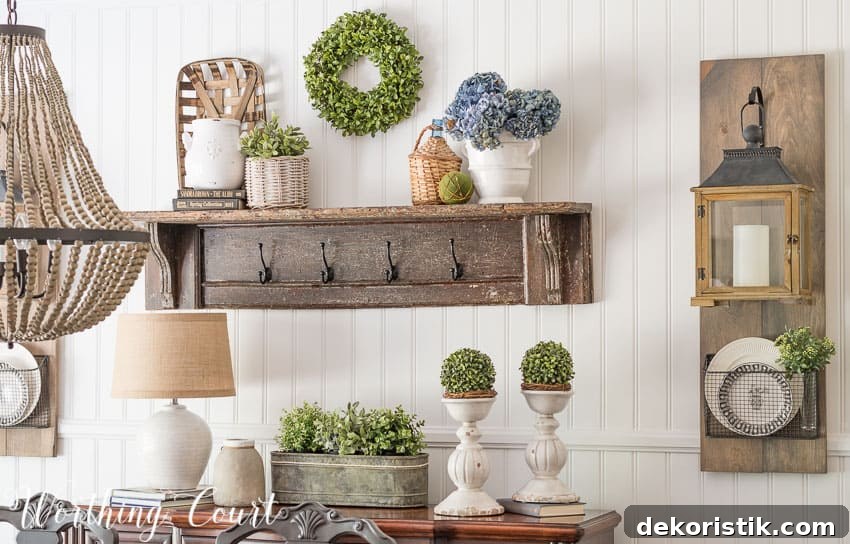 Farmhouse Dining Room Makeover - easy planked wall, diy hanging lantern display, vintage mantel turned into a shelf and pretty farmhouse vignettes