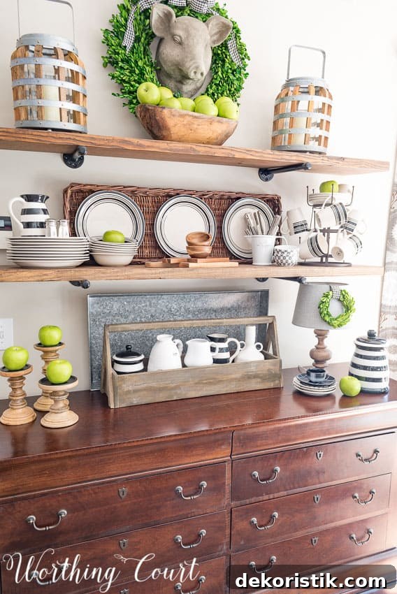 Early fall rustic farmhouse open shelves