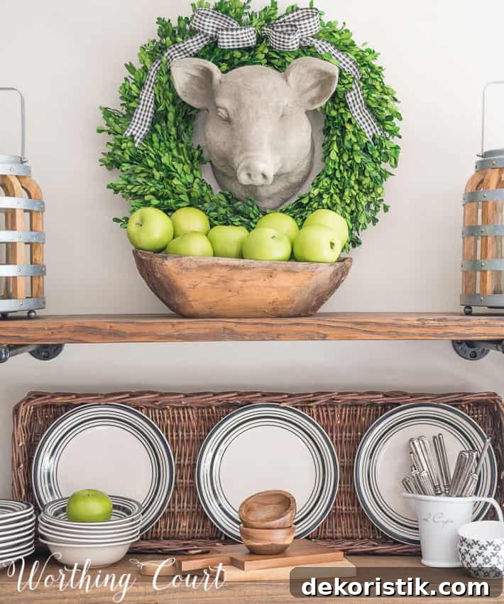 Faux pig head wall hanging above open rustic farmhouse shelves