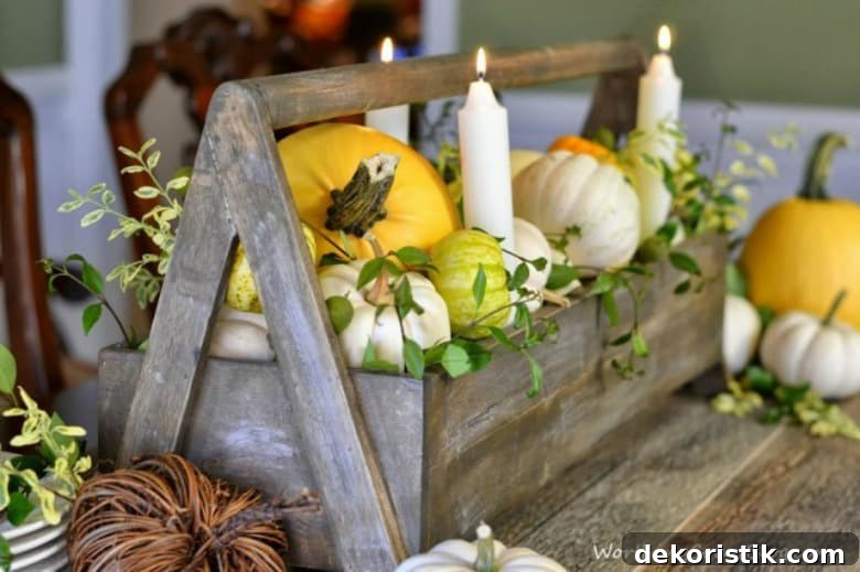 Fall dining room table centerpiece with pumpkins in a wooden box and candles.