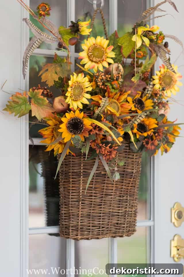 Use a hanging basket filled with faux foliage bushes instead of a wreath for your door.