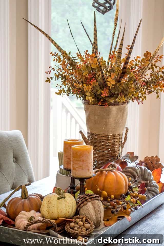 Farmhouse Fall Table Centerpiece in a galvanized tray, pops or orange and amber with pumpkins and candles.