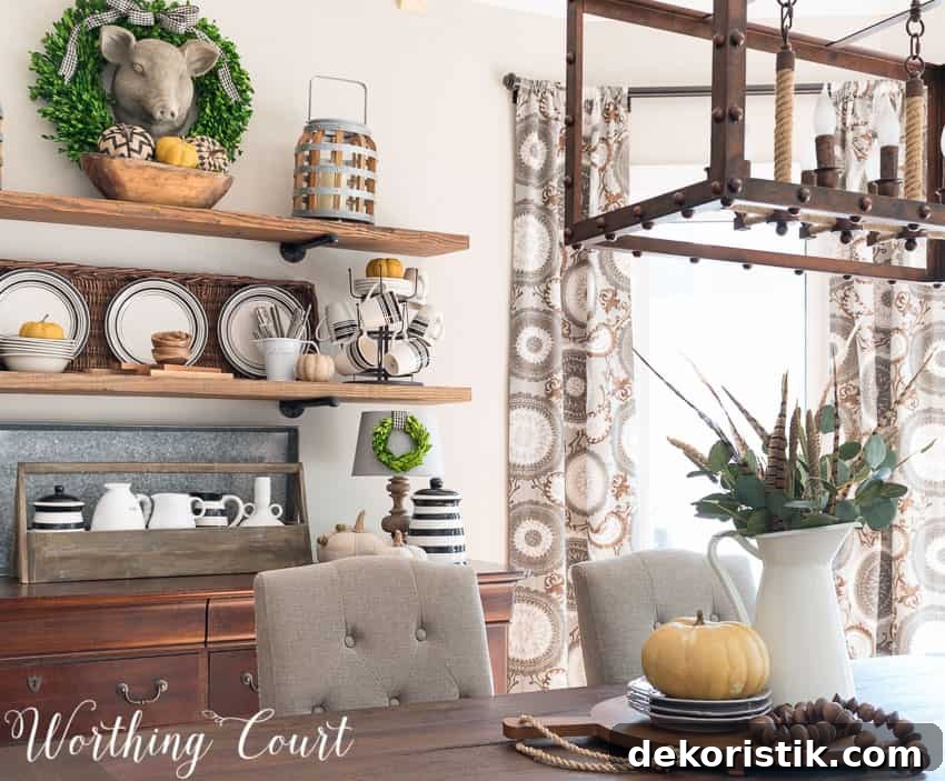 Fall rustic open shelves and centerpiece in the dining room.