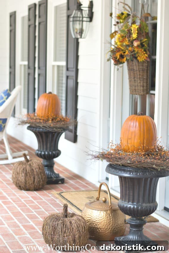 Easy fall front porch with two urns and pumpkins on them.