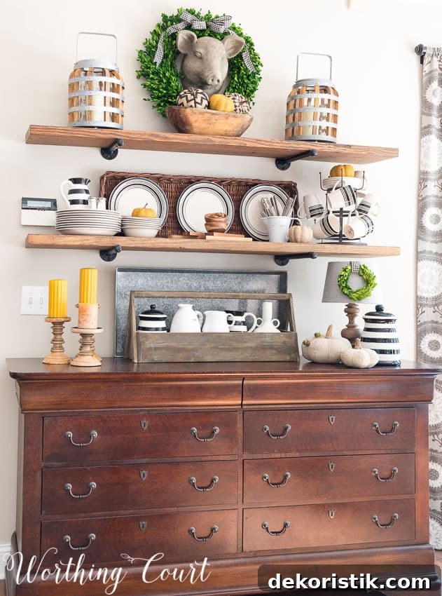 Rustic open shelves decorated for fall with wood tones, soft golds and black and white || Worthing Court