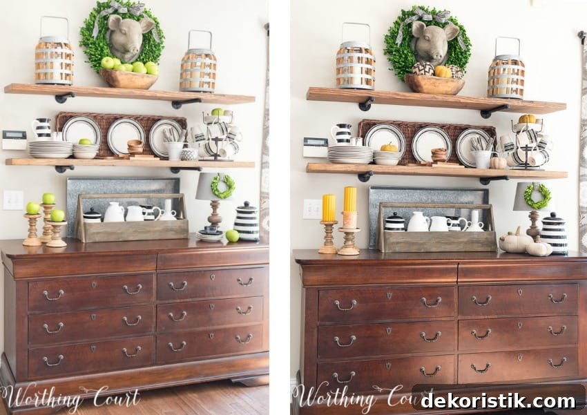 The open shelves decorated for fall with green apples, plates and a wreath around the pig head.
