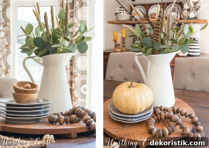 You only need to tweak an existing centerpiece a little bit to make it fall ready with a pumpkin beside the wooden beads on the right picture.