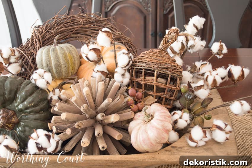 Texture fill fall dough bowl with a wooden orb, ,mini pumpkins and a small wreath.