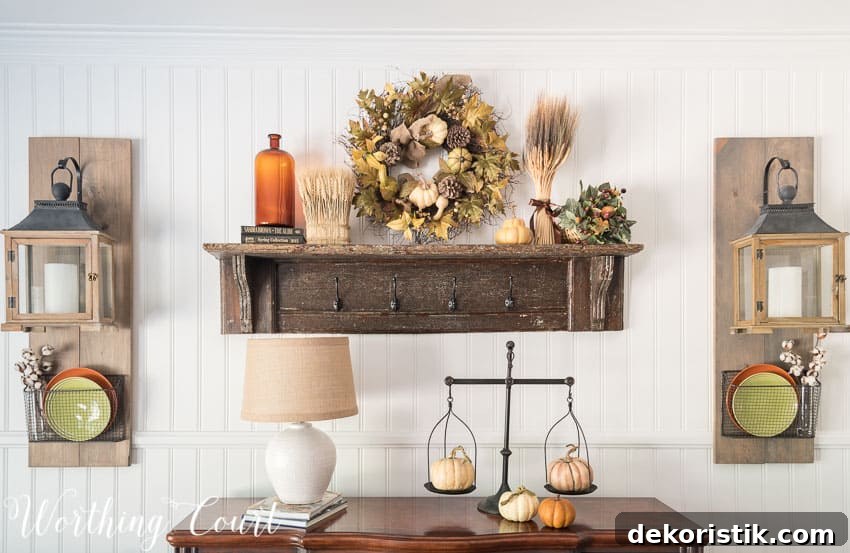 Farmhouse style sideboard fall vignette.
