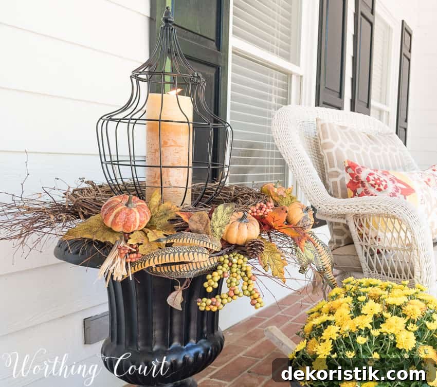 Fall urn with a lantern, twig wreaths and fall picks || Worthing Court