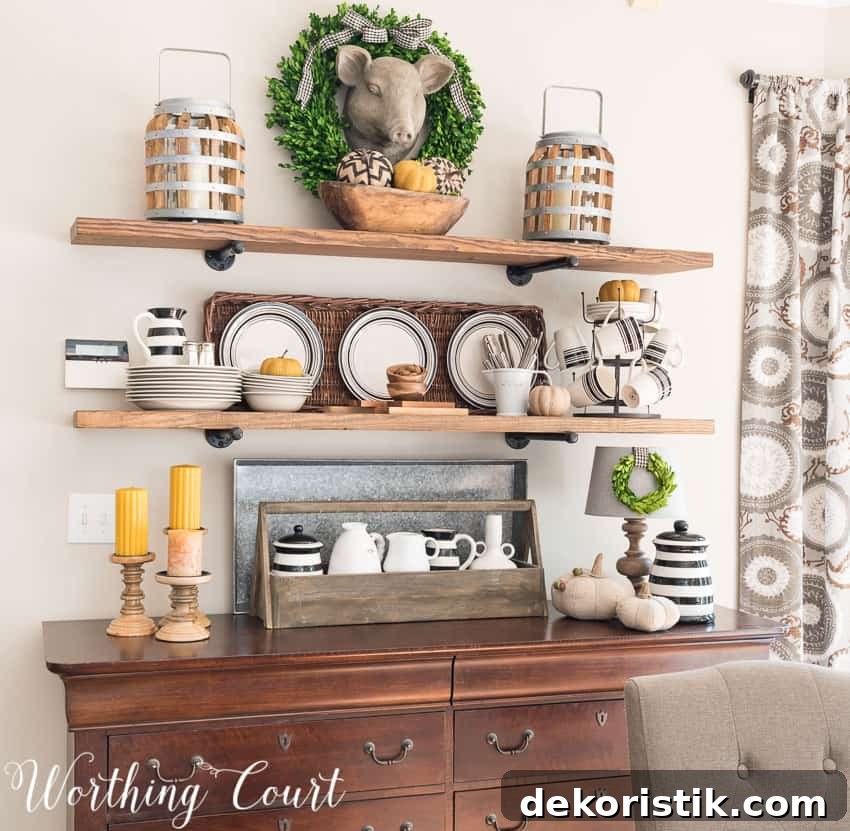 Farmhouse breakfast area open shelves decorated for fall || Worthing Court