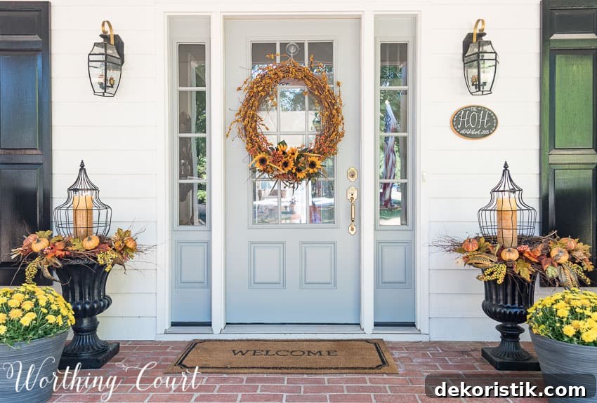 Farmhouse front entry with fall urns || Worthing Court