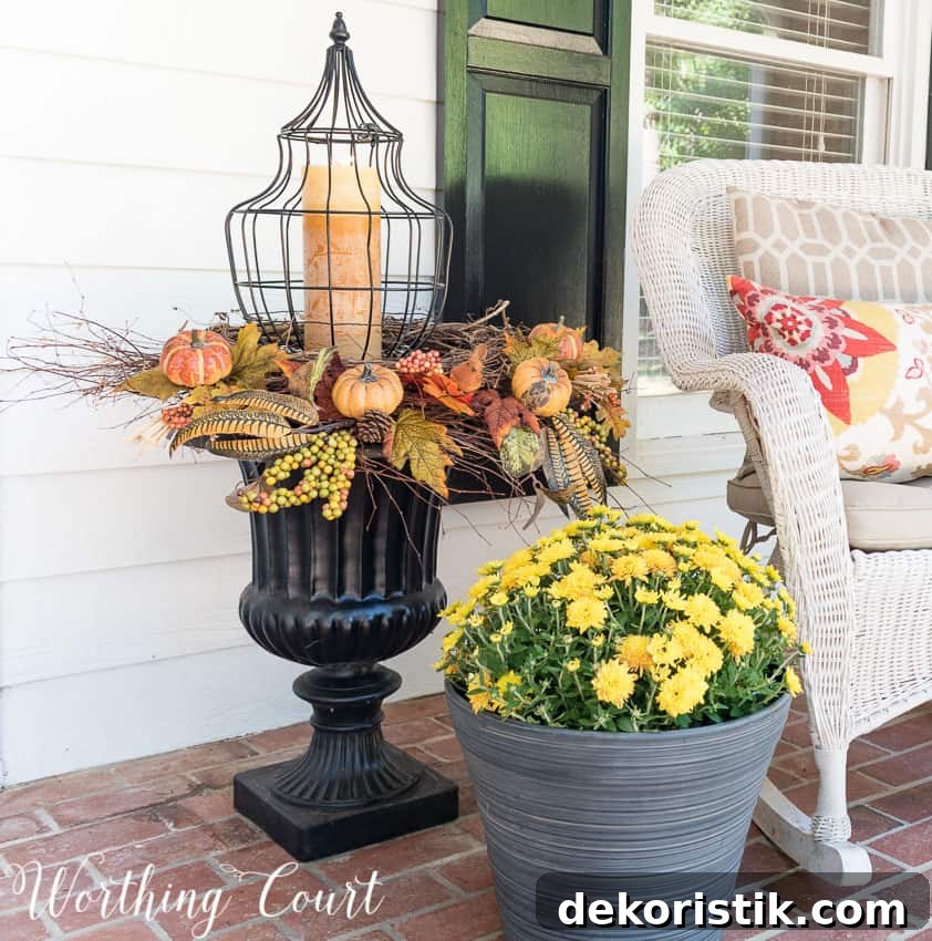 Fall urn with twig wreaths and fall picks || Worthing Court